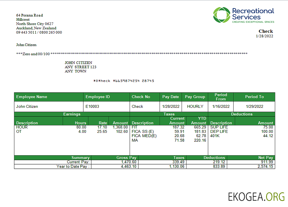 Bulletin de paie d'une entreprise de divertissement des services récréatifs aux États Unis